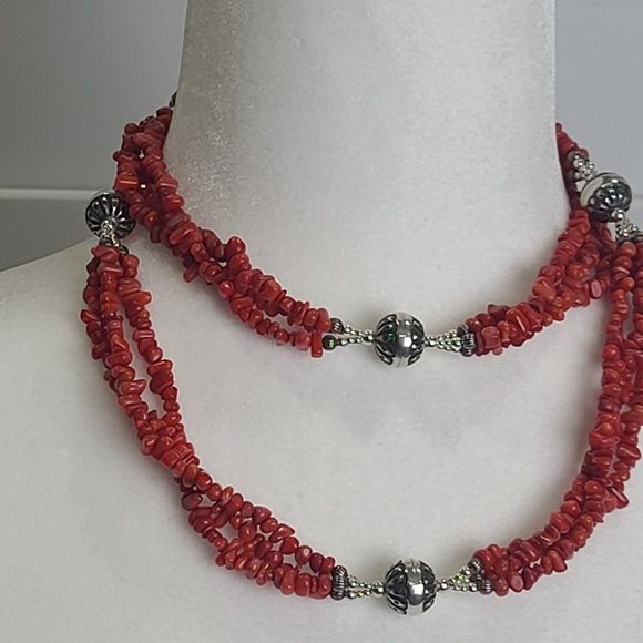 CAROLYN POLLACK Triple Strand Natural Red Coral Nugget .925 Native Pearl Beads - Picture 6 of 12